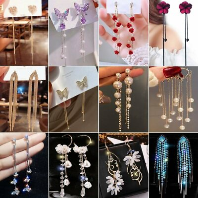 #ad Fashion Long Tassel Zircon Crystal Earrings Stud Pearl Drop Dangle Women Jewelry