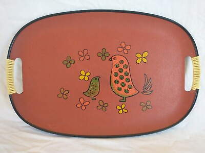 #ad Large Oval 17.5quot; Red Painted Retro Tray Whimsical Birds w Flowers amp; Swirls