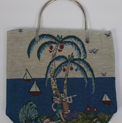 #ad WOMENS SMALL PURSE FABRIC BAG W METAL HANDLES PALM TREES TAPESTRY SAILBOATS