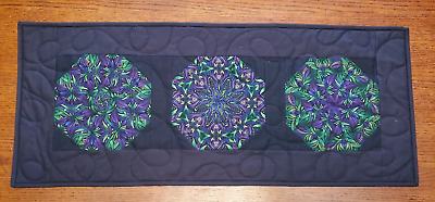 #ad NEW Kaleidoscope Quilted Table Runner 12quot; x 29quot; Black Green Purple Gold Quilt