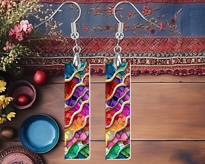 #ad Earrings Agate Mosaic Print Wood Bar Printed Earrings Jewelry