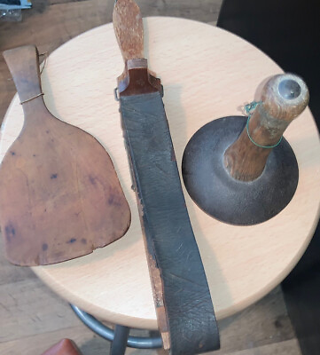 Vintage Wooden Antique Pieces Leather Barber Strap Spatula amp; Wood Handle
