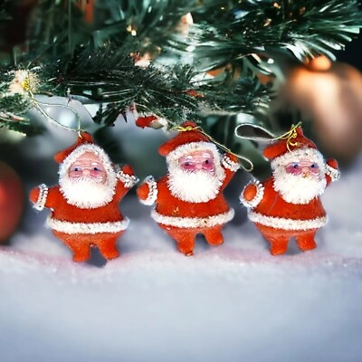 #ad Vintage Miniature Flocked Dancing Santas Christmas Ornaments Lot Of 3 1950s