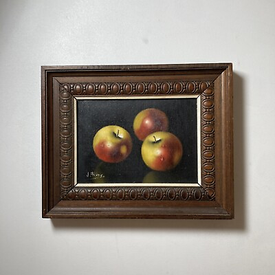 #ad Vintage Original Miniature Small Oil Painting Still Life Three Apples Signed