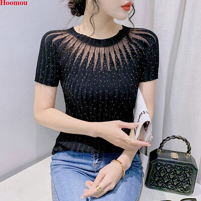 #ad Women Mesh Knit Tops Rhinestone Summer Party Cocktail Pullover T shirt Blouse