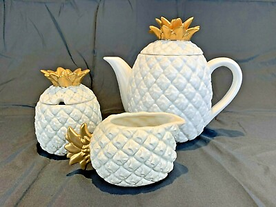 #ad Decorative Pineapple Tea Set 3 Piece Cute Shape White Gold Table Decor