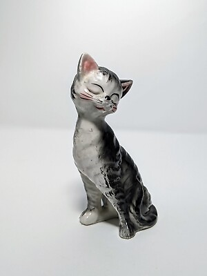 #ad Vintage Ceramic Gray Tabby Cat 6.5quot; Tall Pinkish Ears Japan