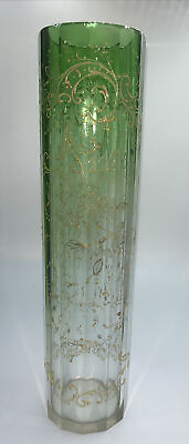 #ad VTG. CZECH BOHEMIAN EMERALD GREEN TO CLEAR GOLD ENAMELED ART GLASS VASE 13.5quot;