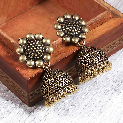 #ad Oxidized Gold Plated Handmade Lotus Jhumka Jhumki Earrings Women #GOLDERENPLAT