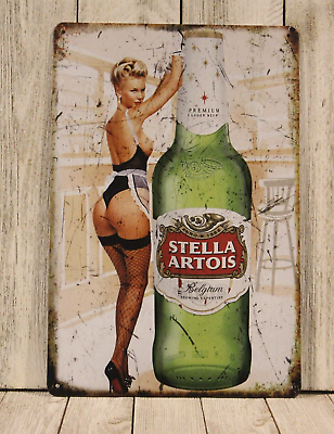 #ad Stella Artois Beer Tin Metal Sign Sexy Pinup Girl Bar Irish Pub Vintage Look XZ