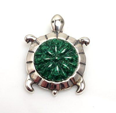 #ad Carolyn Pollack Relios Sterling Silver Crushed Malachite Turtle Pendant