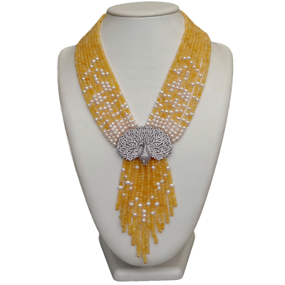 9 Strands Yellow Jade White Pearl Necklace CZ Pave Peacock Pendant19.5quot;
