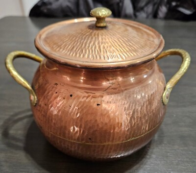 #ad Vintage Copper Hammered Looking Pot With Brass Looking Handles