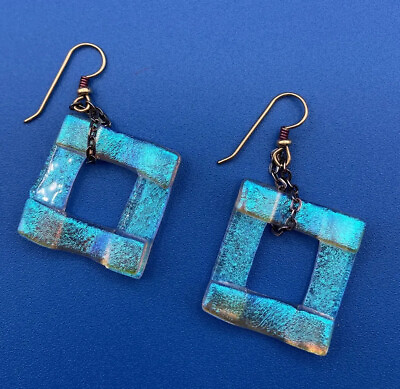 #ad Artisan Layered Metallic Glass Dichroic Blue Tone Dangle Earrings 1” Square
