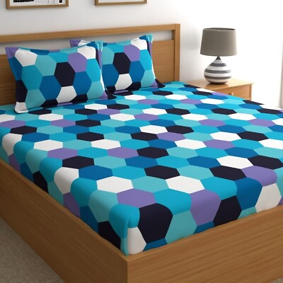 #ad Cotton Double Bedsheet with 2 Pillow Covers 144 tc Geometric Blue