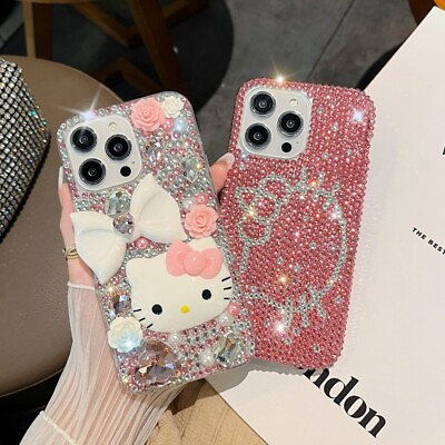 For iPhone 15 14 Pro Max 13 12 11 X XR 3D Bling Sparkle Hello Kitty Diamond Case