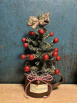 Grubby PriMiTiVe Christmas Tree Red in Old Antique Tin Cup OOAK Folk Art GP
