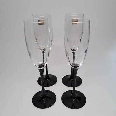 #ad #ad Luminarc Domino Signature Black Stem SET of 4 Champagne Flutes Glasses 8 3 4quot;