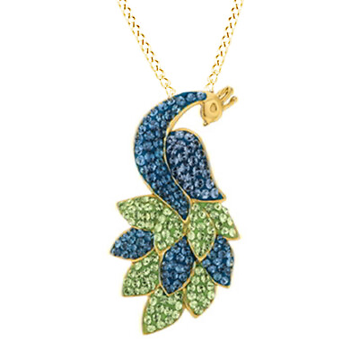 Blue and Green Crystal Peacock Pendant in Gold Plated Sterling Silver