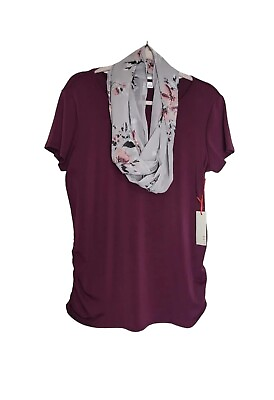 #ad Elle Shirt Large Stretch Short Sleeve Womens Top With Floral Scarf Maroon Red