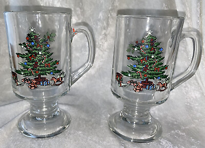 #ad #ad Vintage Glass Luminarc Noel Christmas Tree Irish Coffee Cup Set Of 2 Footed Mugs
