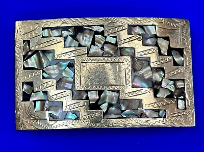 #ad Vintage Abalone shell inlaid silver tone rectangular Mexico stamped Belt Buckle