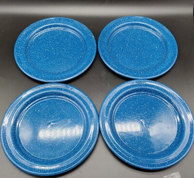 #ad Set of 4 Blue Speckled Enamelware Lunch Salad Sandwich Plates Camping 8.5quot;