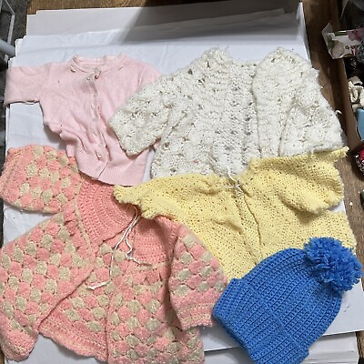 #ad #ad Vintage Lot Crochet Knit Baby Toddler Cardigans Hat Pink Yellow White Blue