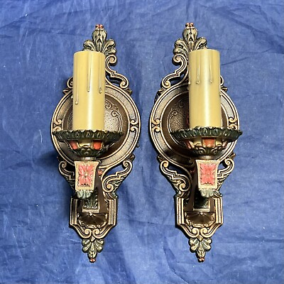 Nice Pair Polychrome Antique Wall Sconce Fixtures Rewired WOW 100C