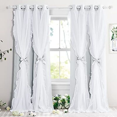 #ad Shabby Chic Curtains for Bedroom Double Layer White Ruffle Sheer Overlay with...