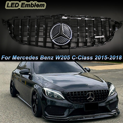 #ad Gloss Black GTR Grille W LED Emblem For Mercedes Benz W205 2015 2018 C Class