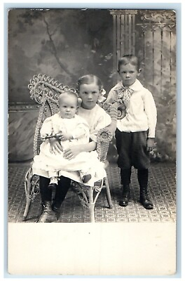 #ad #ad c1910#x27;s Children Siblings Baby Studio Portrait RPPC Photo Antique Postcard