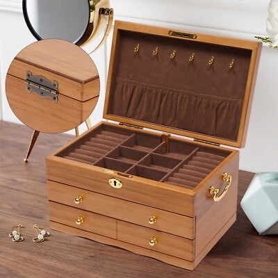#ad Jewelry Organizer Wooden Storage Box 3 Layers Case w 3 Drawers Velvet Interior