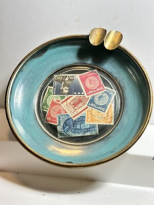 Jewish Collectible Postage Stamp Brass Ceramic Ashtray Dish Vintage 5 3 4” Wide