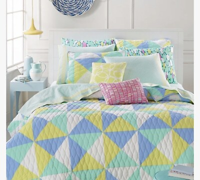 #ad MARTHA STEWART Kaleidoscope Green amp; Blue amp; White Quilted Quilt Twin Twin XL