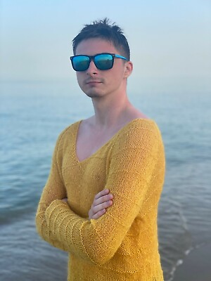 #ad Yellow knitted mohair men#x27;s sweater Light style pullover V neck handmade jumper