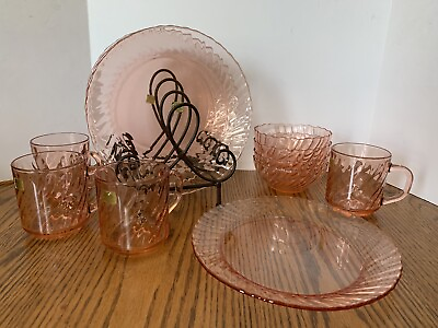 Arcoroc Luminarc Glass Rosaline Pink Swirl China 12 Pieces France