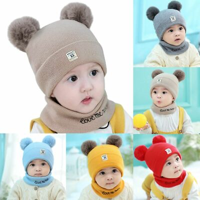 #ad Toddler Kids Baby Boy Girl Fur Pom Hat Winter Warm Knit Bobble Beanie Cap Scarf