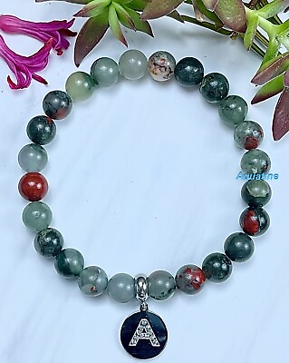 #ad Bloodstone 8mm Natural Crystal Stainless Steel Initial Bracelet CUSTOM SIZING