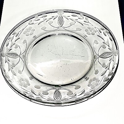 #ad Vintage Clear Etched Glass Salad Plate 8” Crosshatching Flowers Leaves Pineapple