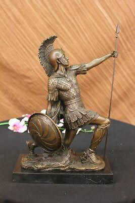 SIGNED BRONZE STATUE ROMAN GOD OF WAR WARRIOR MILITARY SCULPTURE ON MARBLE SALE