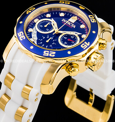 #ad Invicta Mens Pro Diver SCUBA Chronograph 18Kt Gold Blue Dial White Strap Watch