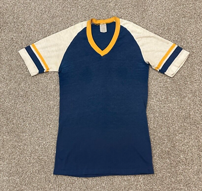 #ad Vintage 70s Sport T by Stedman Shirt Mens Small Black V Neck Paper Thin Soft