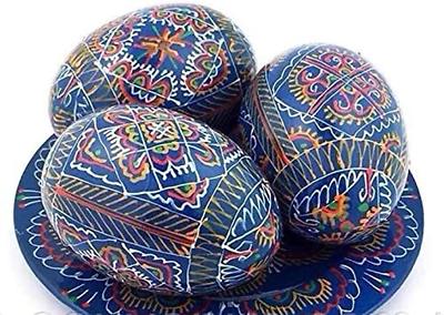 3 Pcs Vintage Blue Pysanky Pisanki Handpainted Polish Wooden Easter Eggs
