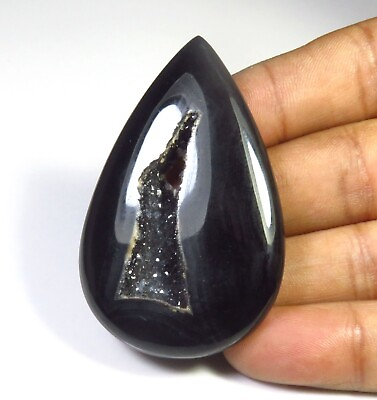 #ad Natural Black Onyx Druzy Geode Agate Cabochon Pear Loose Gemstone 55x35mm OD 741