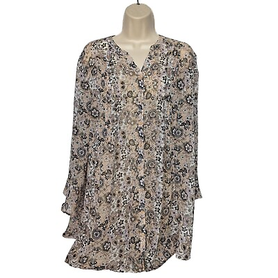 #ad Isaac Mizrahi Live Floral Print Button Front Chiffon Tunic Size 10 Beige