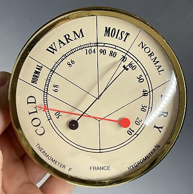 #ad Mid Century Modern France Vintage Hygrometer Thermometer Brass Plastic Lens