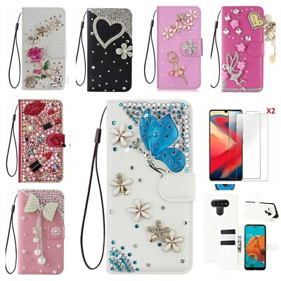 #ad Sparkly Diamonds Women Phone Case Bling Leather Wallet Phone Covers 2 Lanyards