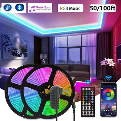 100ft 50ft LED Strip Lights Bluetooth Music Sync 5050 RGB Room Light With Remote