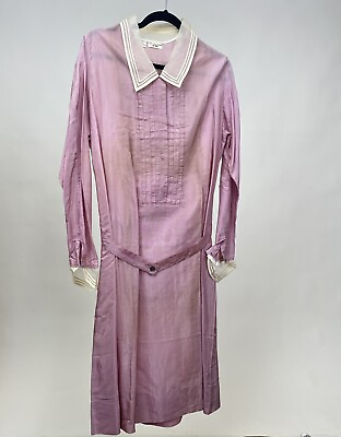 Antique 1930s Pink Silk Uniform Dress with White Gauze Trims Gimbel Brothers